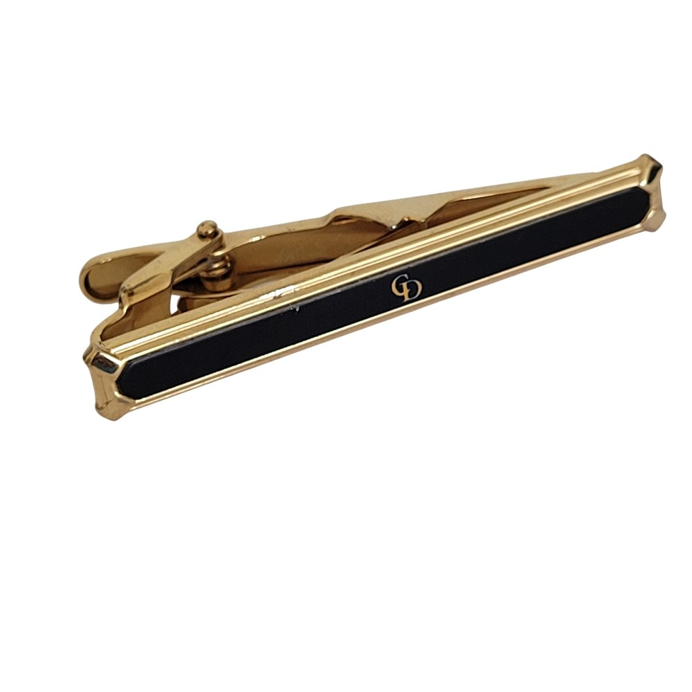 Christian Dior Vintage Gold Tone Black Enamel CD Logo Tie Clip Germany 2 Inch